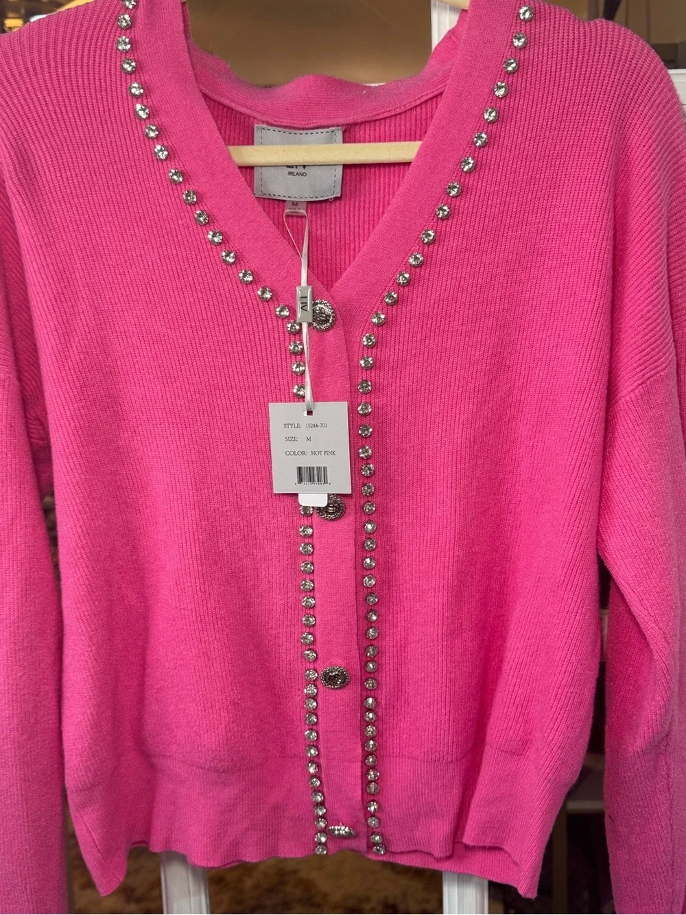 🪩🩷💕 Milano Hot Pink V-Neck Crystal-Trim Bling Embellished Cardigan Sweater 💕🩷🪩 - Picture 3 of 9